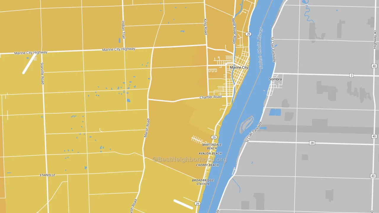 Map of the best neighborhoods in the Marine City area, with better matches in green and worse matches in red