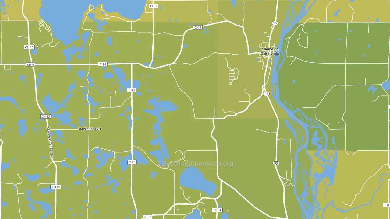 Map of the best neighborhoods in the Marine On St. Croix area, with better matches in green and worse matches in red