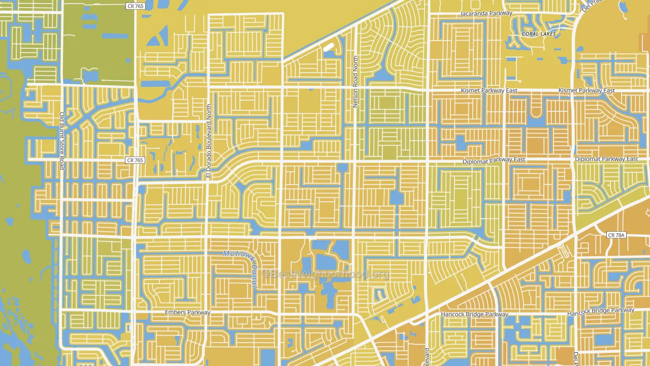 Map of the best neighborhoods in the Mariner, Cape Coral area, with better matches in green and worse matches in red