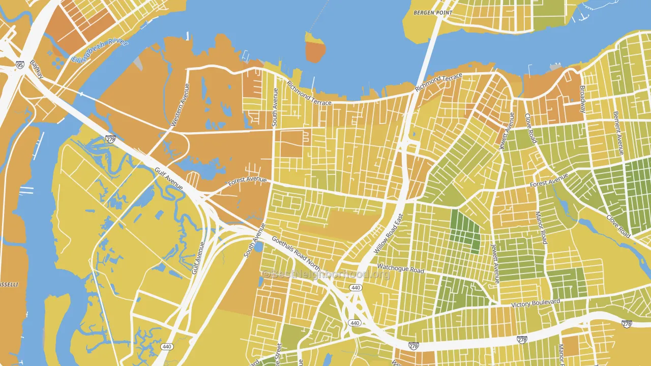 Map of the best neighborhoods in the Mariners Harbor, Staten Island area, with better matches in green and worse matches in red