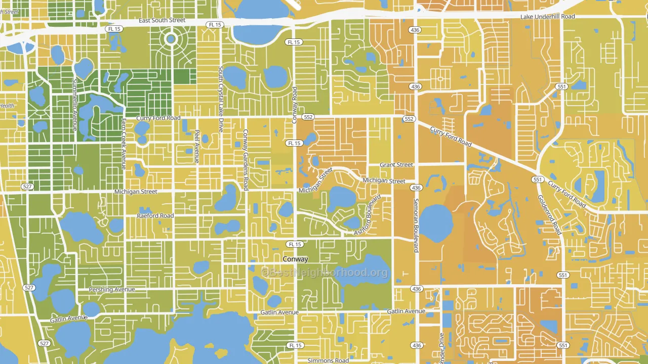Map of the best neighborhoods in the Mariners Village, Orlando area, with better matches in green and worse matches in red