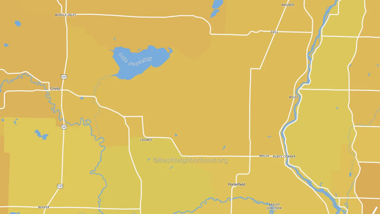 Map of the best neighborhoods in the Marinette County area, with better matches in green and worse matches in red