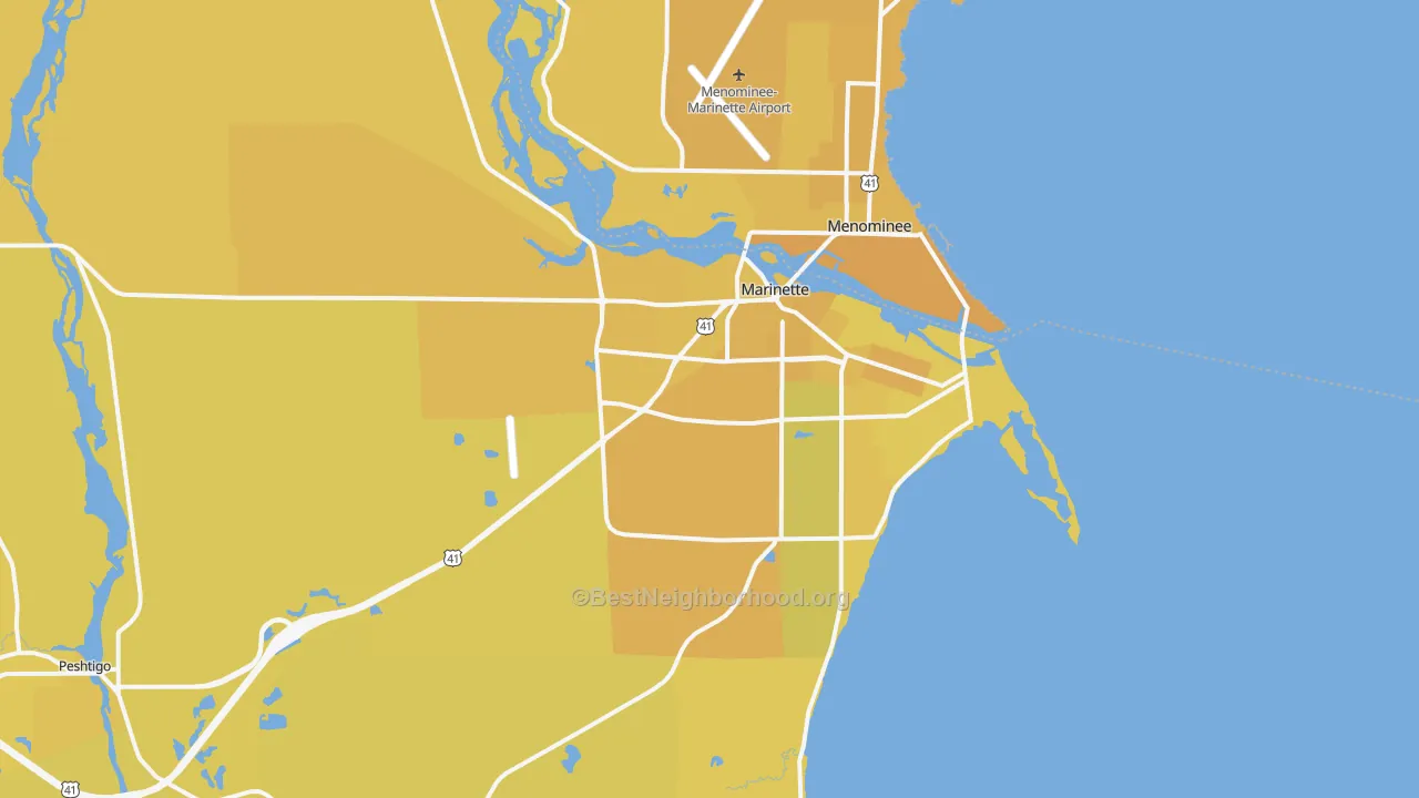 Map of the best neighborhoods in the Marinette area, with better matches in green and worse matches in red