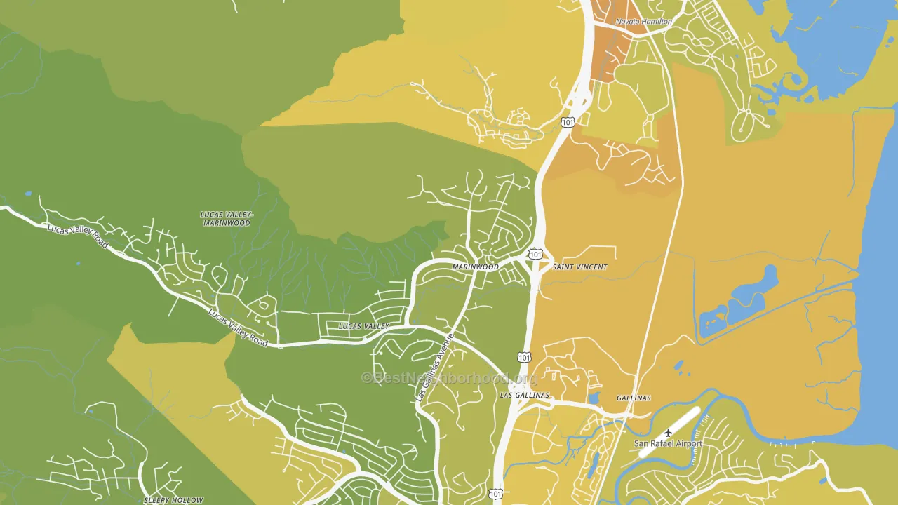 Map of the best neighborhoods in the Marinwood, San Rafael area, with better matches in green and worse matches in red
