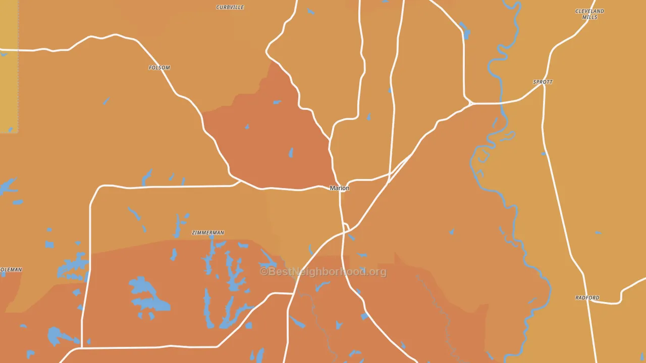 Map of the best neighborhoods in the Marion area, with better matches in green and worse matches in red