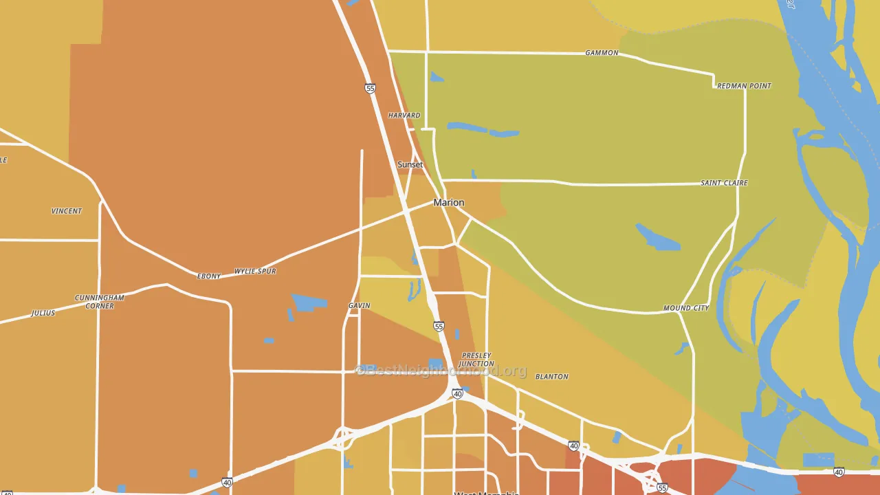 Map of the best neighborhoods in the Marion area, with better matches in green and worse matches in red