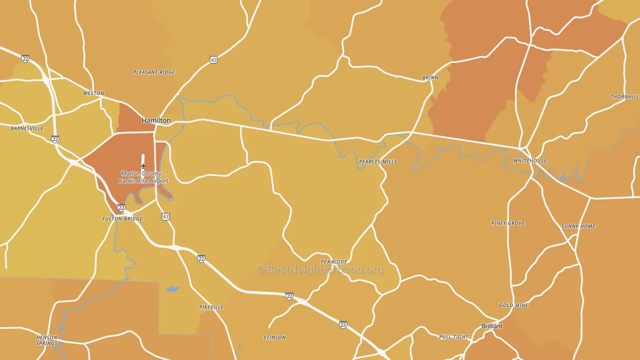 Map of the best neighborhoods in the Marion County area, with better matches in green and worse matches in red