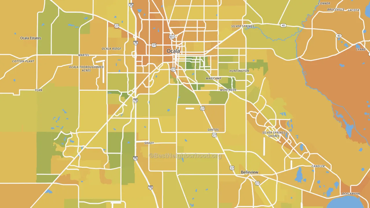 Map of the best neighborhoods in the Marion County area, with better matches in green and worse matches in red