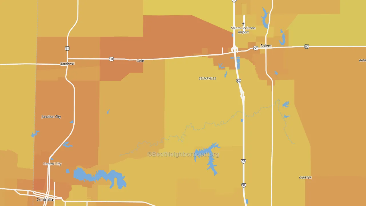 Map of the best neighborhoods in the Marion County area, with better matches in green and worse matches in red