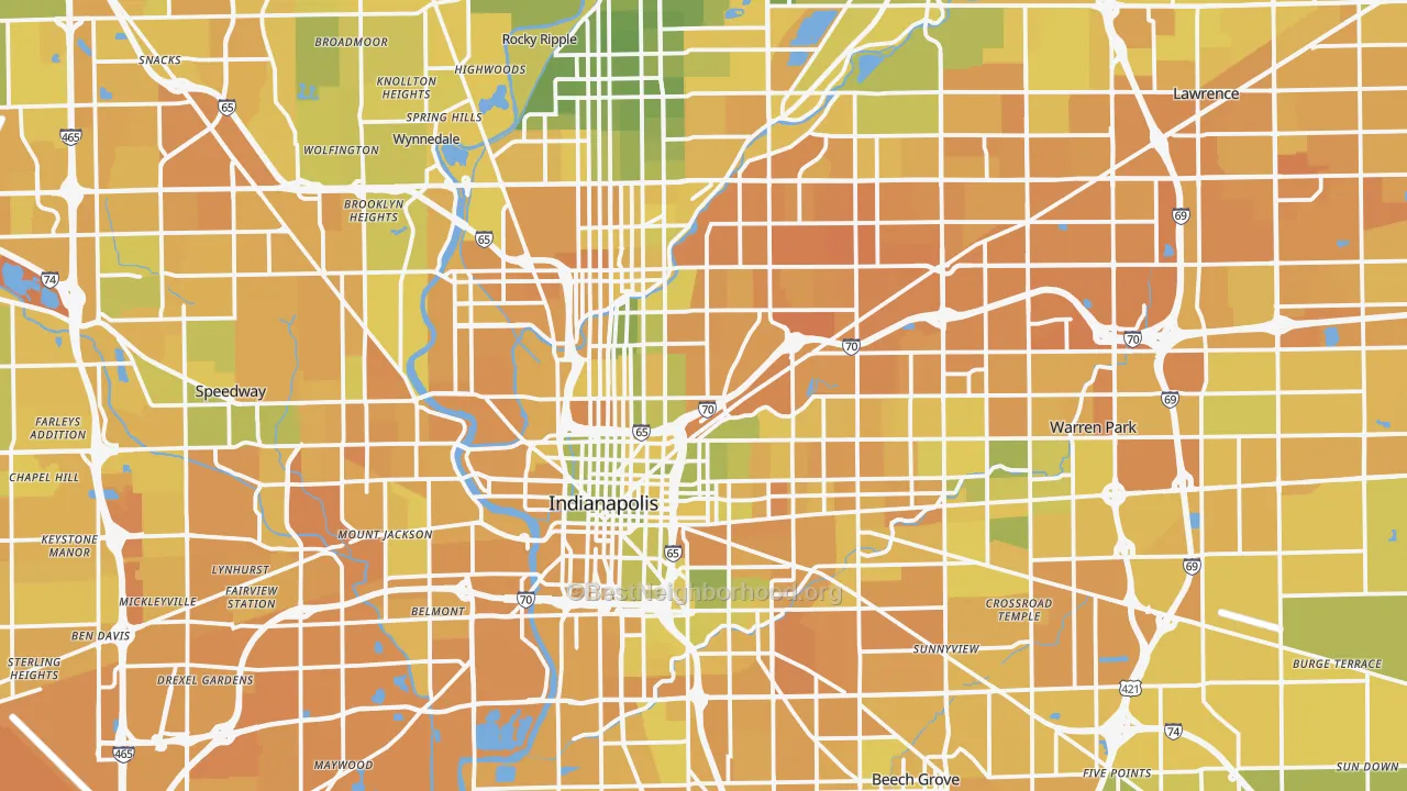 Map of the best neighborhoods in the Marion County area, with better matches in green and worse matches in red