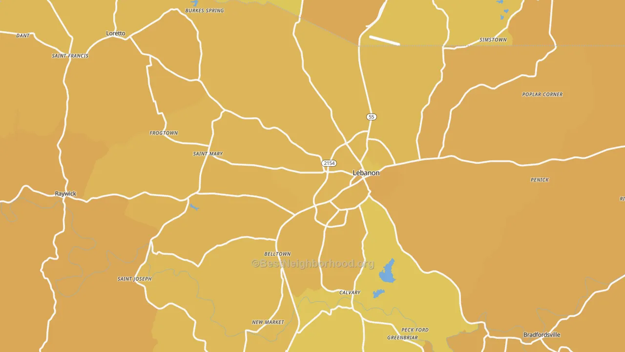 Map of the best neighborhoods in the Marion County area, with better matches in green and worse matches in red