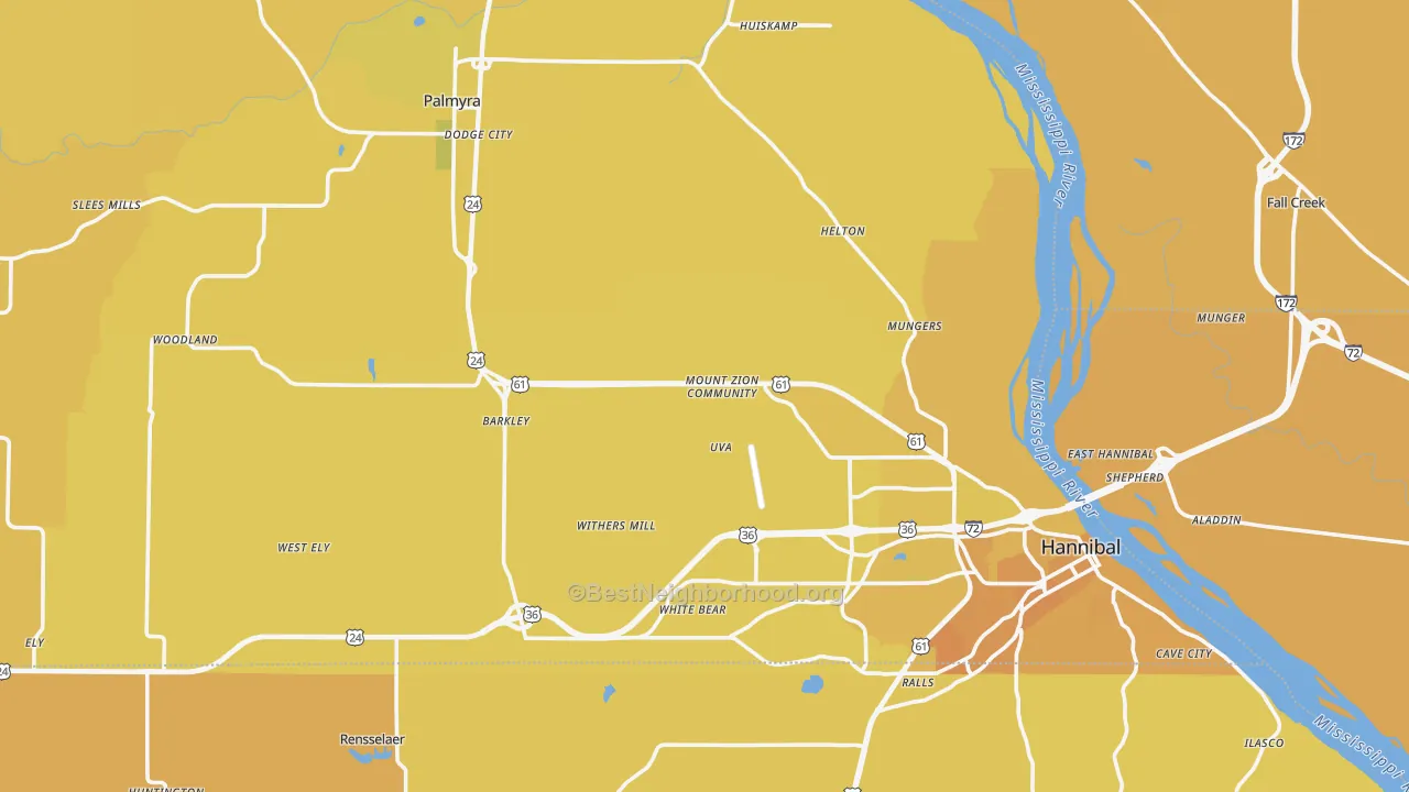 Map of the best neighborhoods in the Marion County area, with better matches in green and worse matches in red