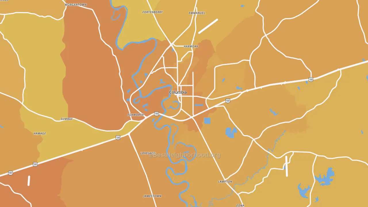 Map of the best neighborhoods in the Marion County area, with better matches in green and worse matches in red