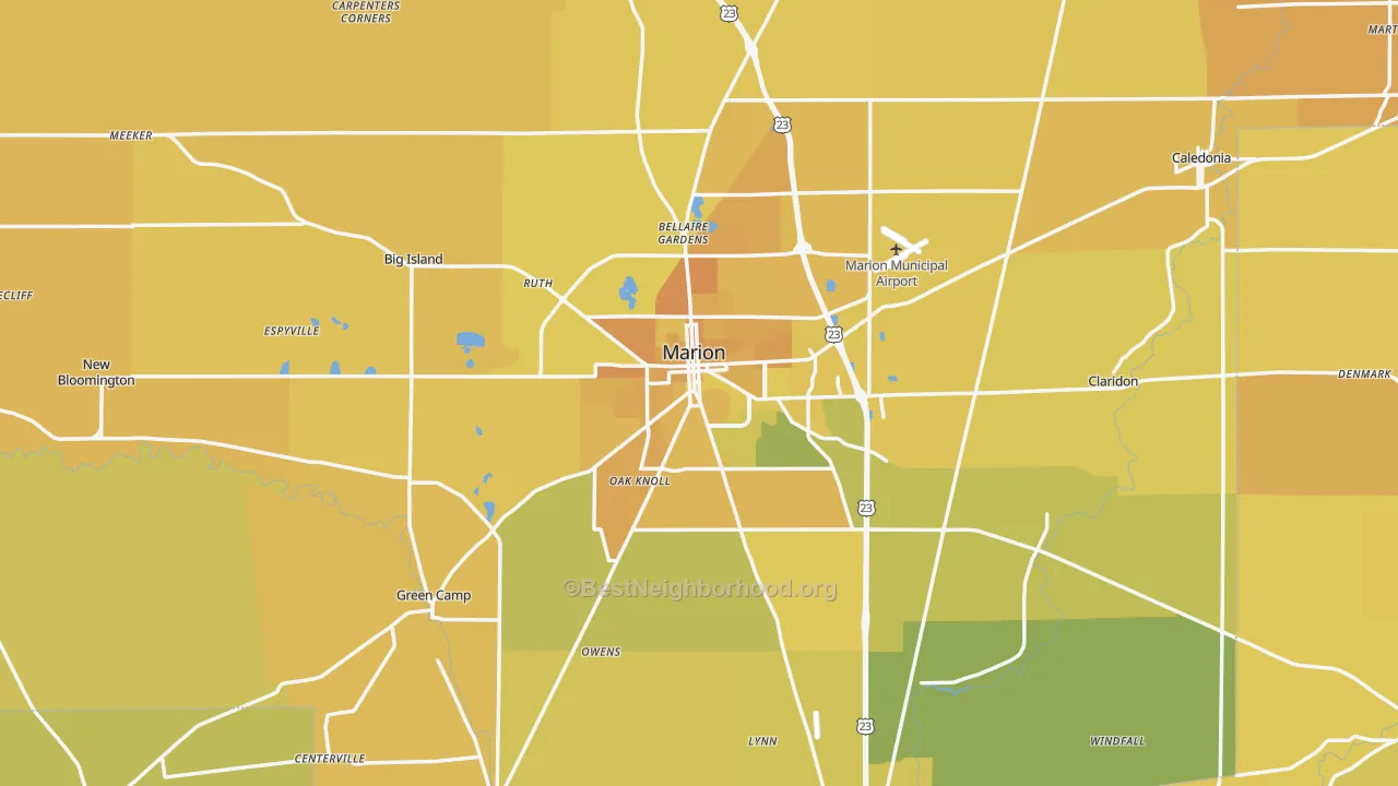Map of the best neighborhoods in the Marion County area, with better matches in green and worse matches in red