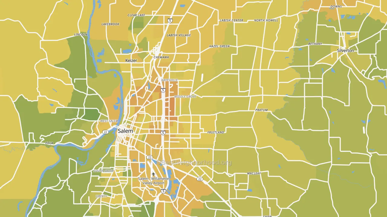 Map of the best neighborhoods in the Marion County area, with better matches in green and worse matches in red