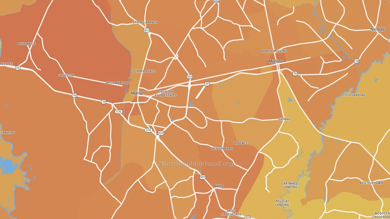 Map of the best neighborhoods in the Marion County area, with better matches in green and worse matches in red