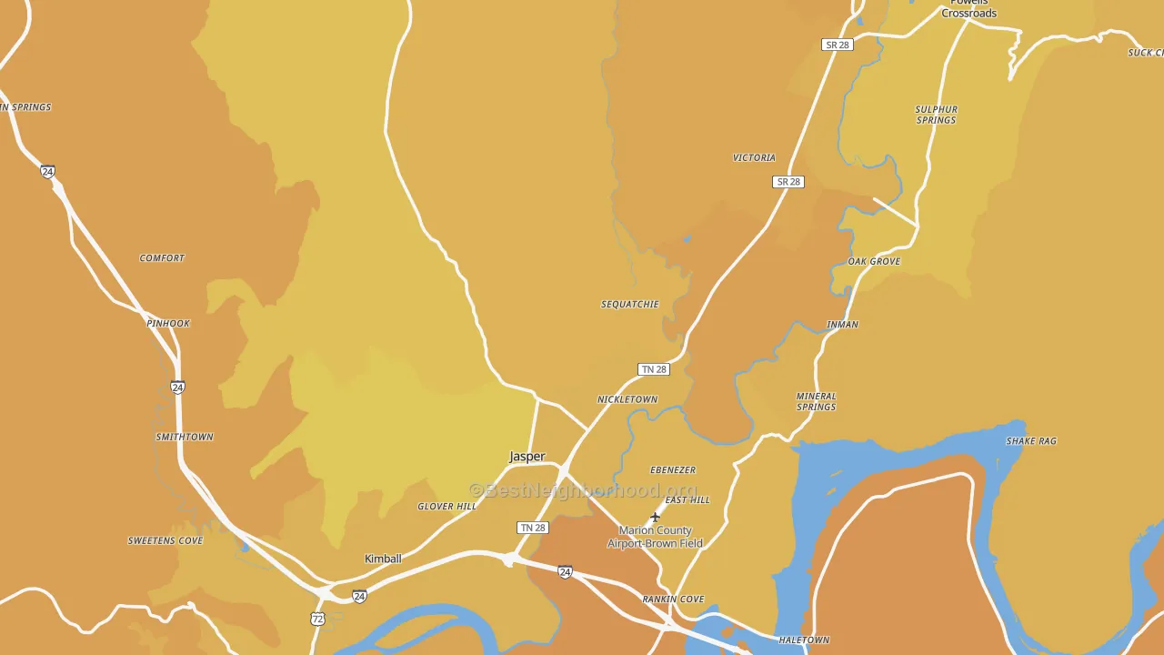 Map of the best neighborhoods in the Marion County area, with better matches in green and worse matches in red