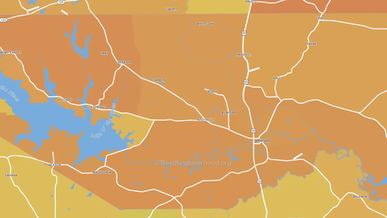 Map of the best neighborhoods in the Marion County area, with better matches in green and worse matches in red