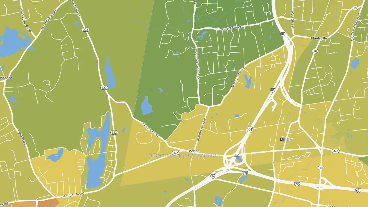 Map of the best neighborhoods in the Marion area, with better matches in green and worse matches in red