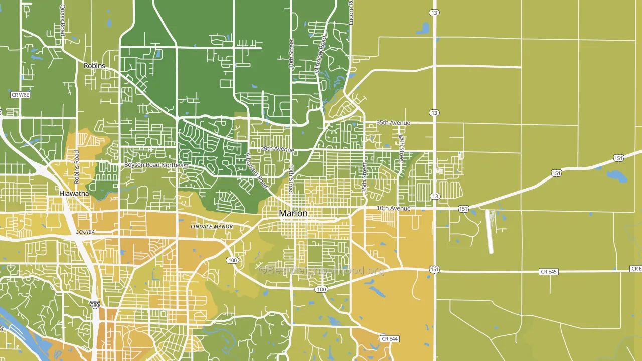 Map of the best neighborhoods in the Marion area, with better matches in green and worse matches in red