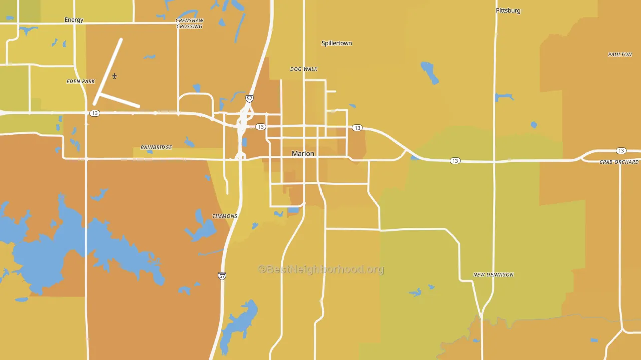Map of the best neighborhoods in the Marion area, with better matches in green and worse matches in red