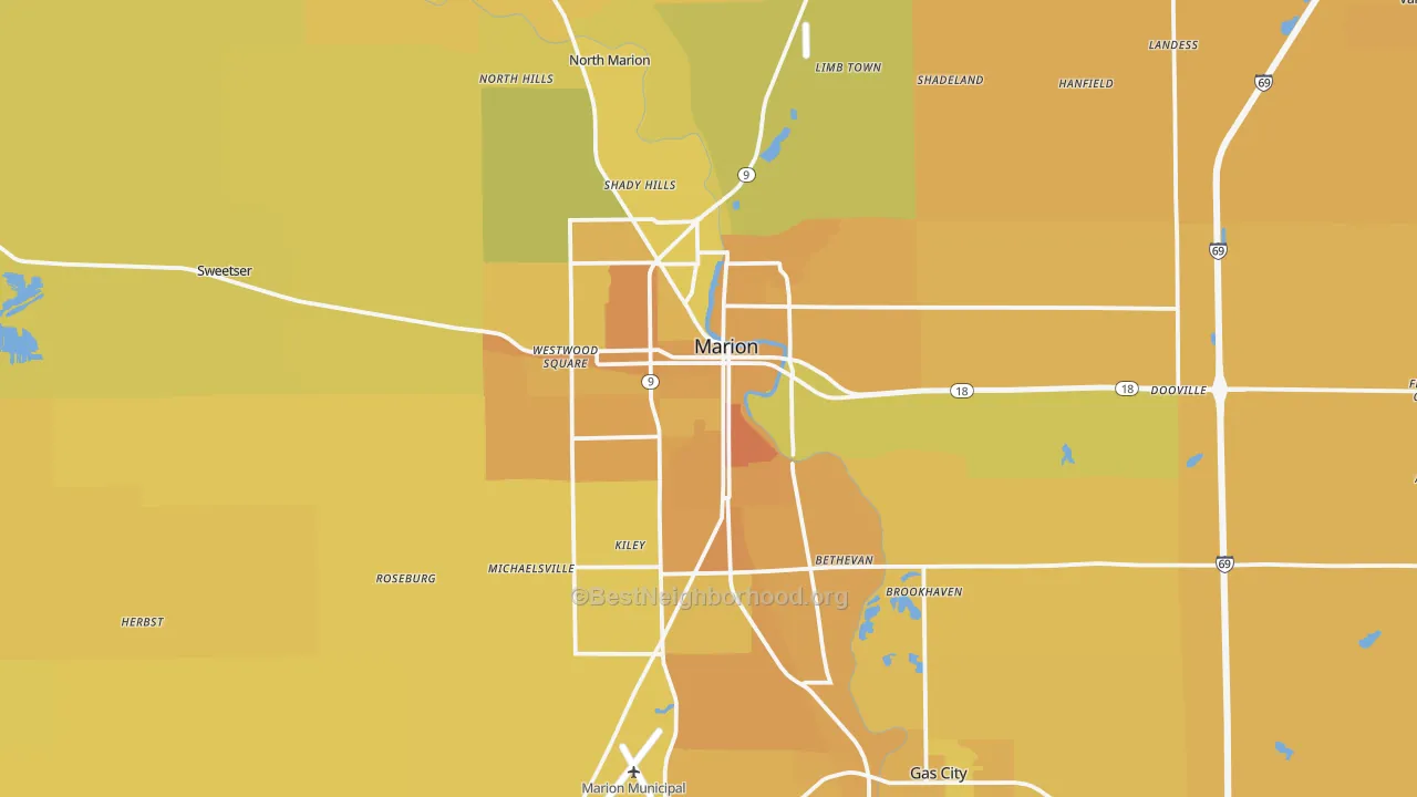 Map of the best neighborhoods in the Marion area, with better matches in green and worse matches in red