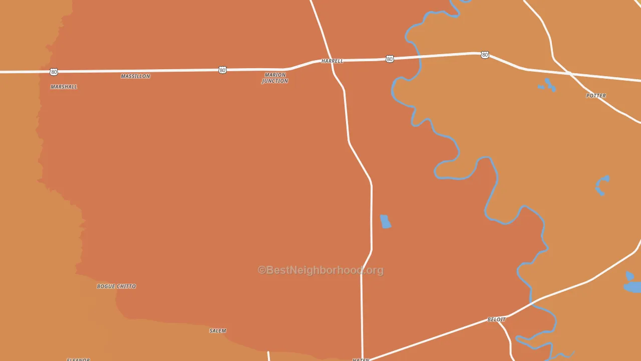 Map of the best neighborhoods in the Marion Junction area, with better matches in green and worse matches in red