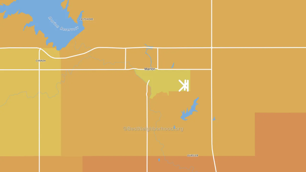 Map of the best neighborhoods in the Marion area, with better matches in green and worse matches in red