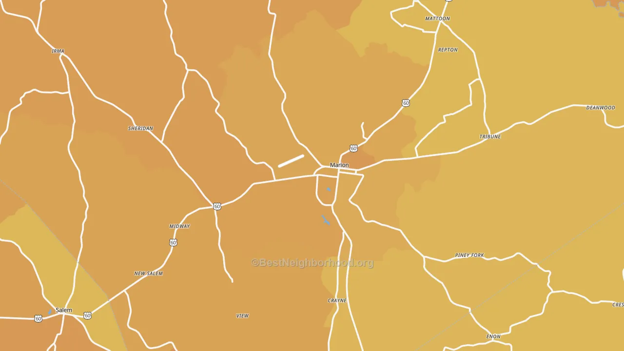 Map of the best neighborhoods in the Marion area, with better matches in green and worse matches in red