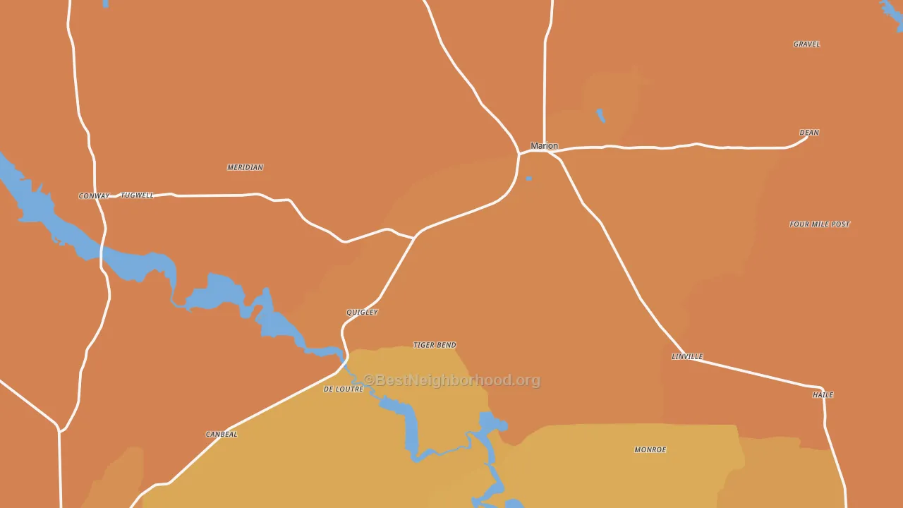 Map of the best neighborhoods in the Marion area, with better matches in green and worse matches in red