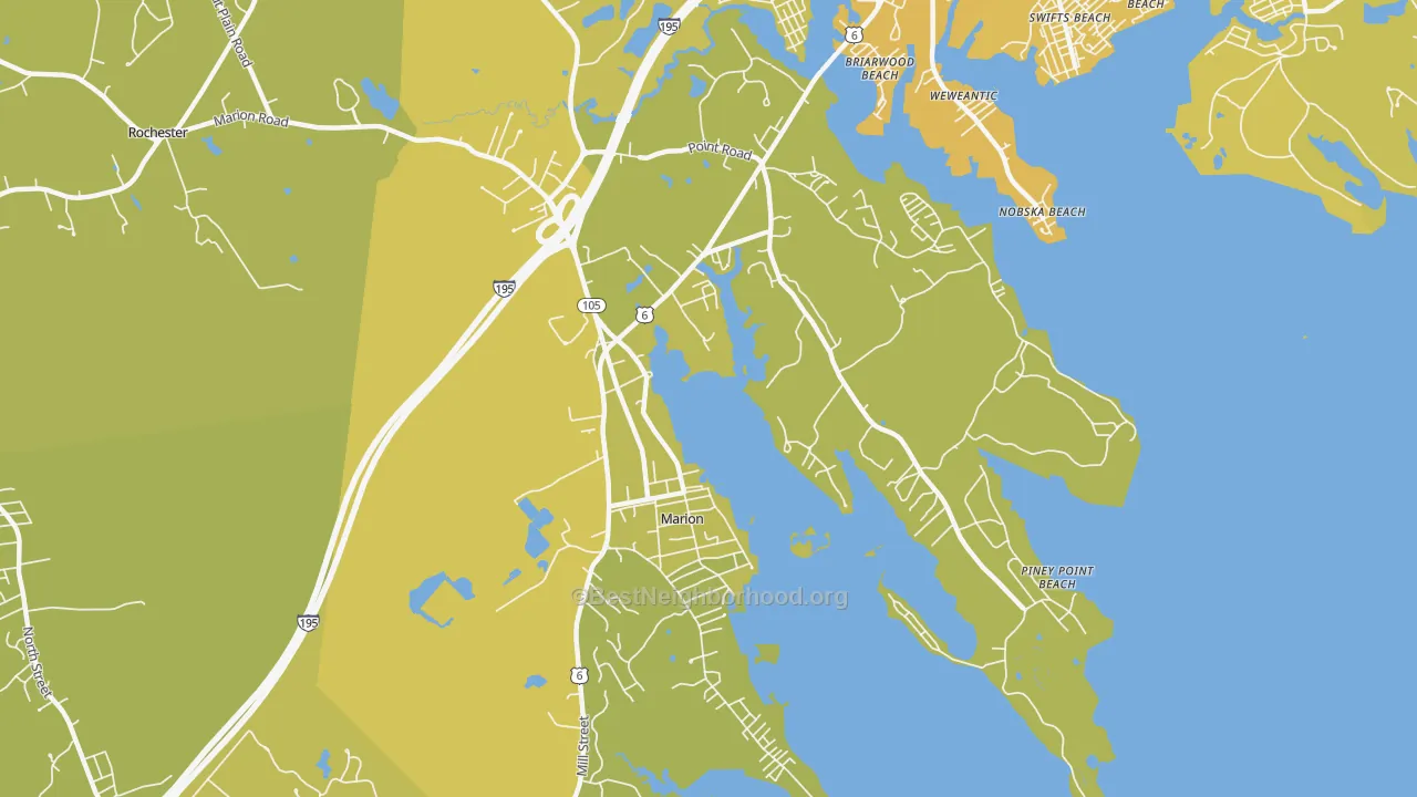Map of the best neighborhoods in the Marion area, with better matches in green and worse matches in red