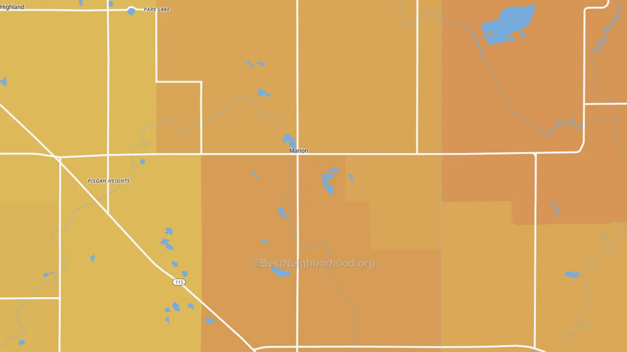 Map of the best neighborhoods in the Marion area, with better matches in green and worse matches in red