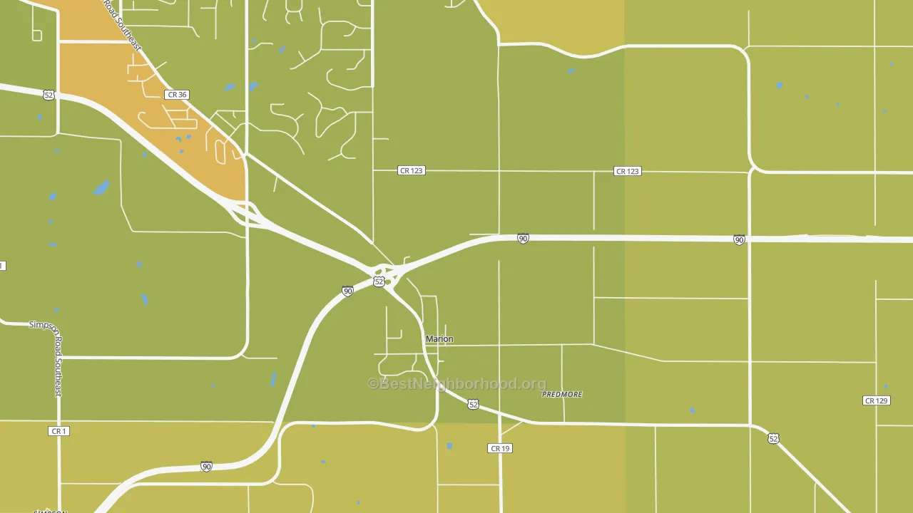Map of the best neighborhoods in the Marion area, with better matches in green and worse matches in red