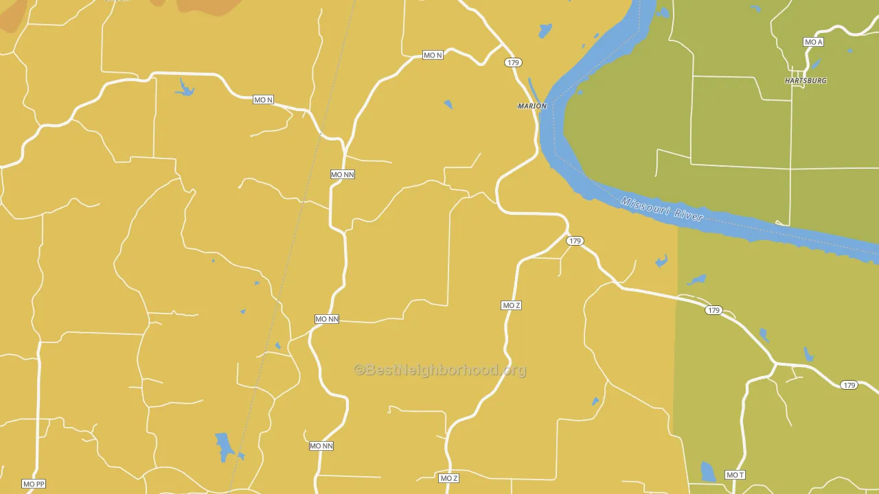 Map of the best neighborhoods in the Marion area, with better matches in green and worse matches in red