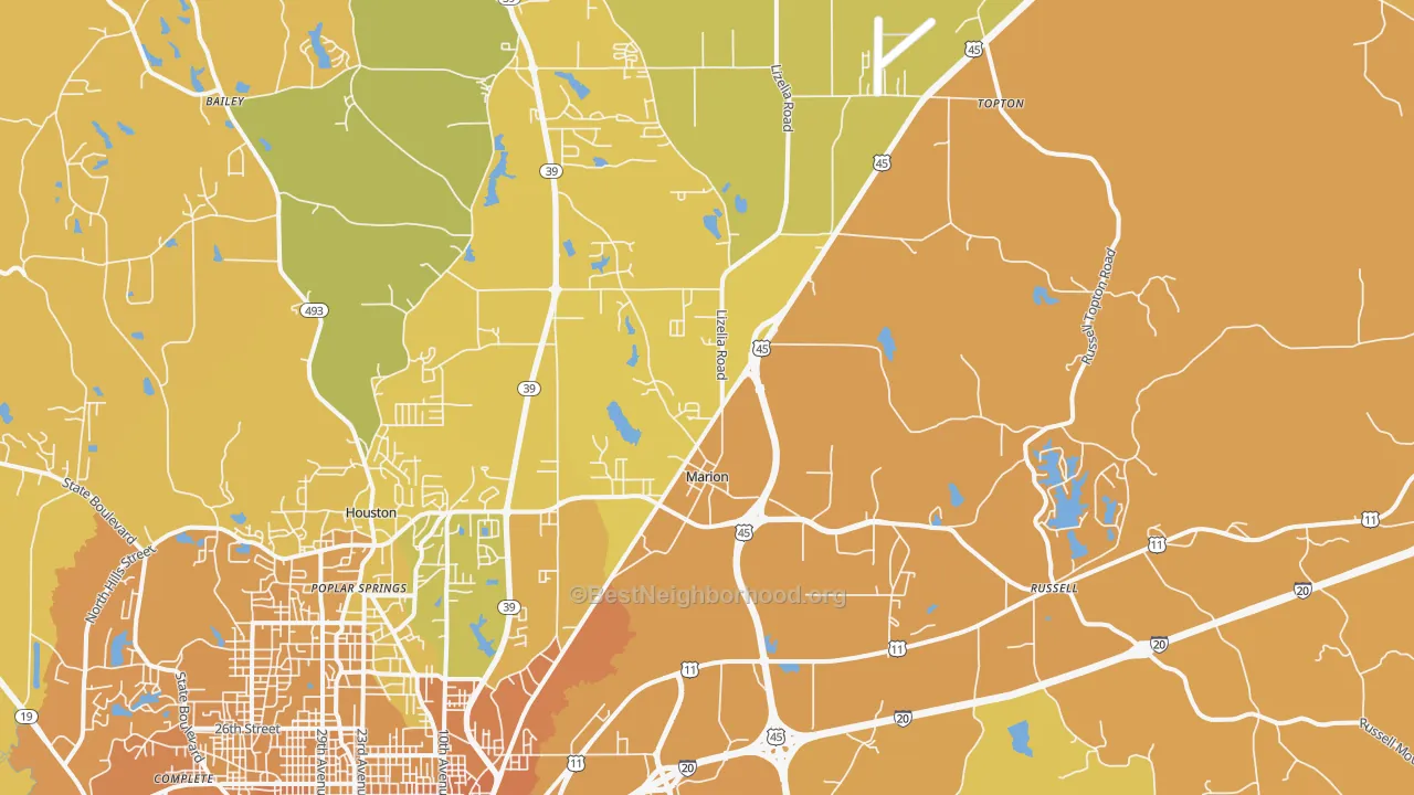 Map of the best neighborhoods in the Marion area, with better matches in green and worse matches in red