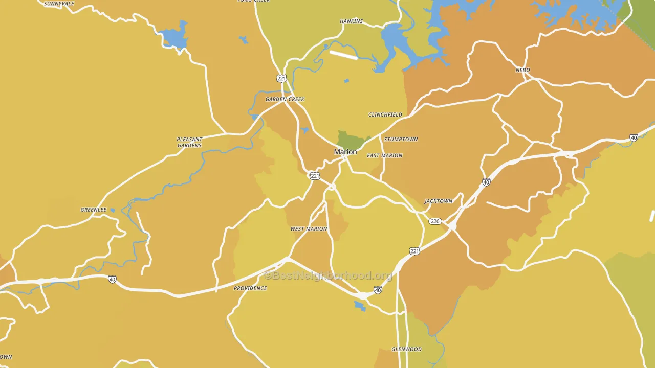 Map of the best neighborhoods in the Marion area, with better matches in green and worse matches in red