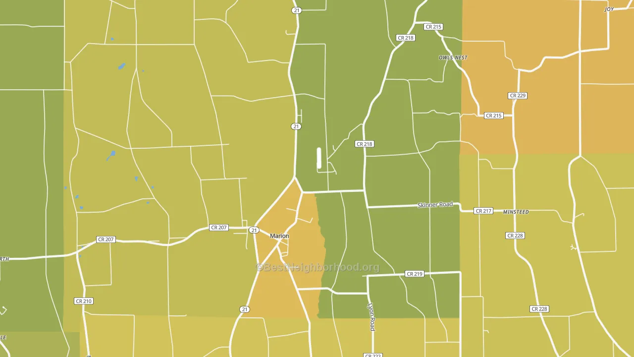 Map of the best neighborhoods in the Marion area, with better matches in green and worse matches in red