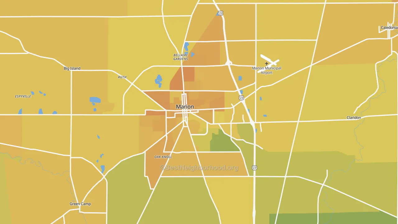 Map of the best neighborhoods in the Marion area, with better matches in green and worse matches in red