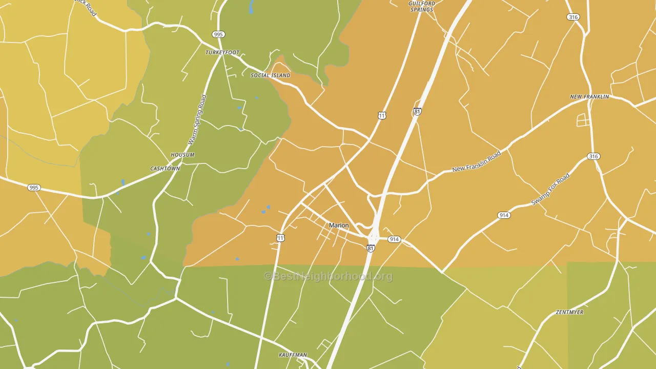 Map of the best neighborhoods in the Marion area, with better matches in green and worse matches in red