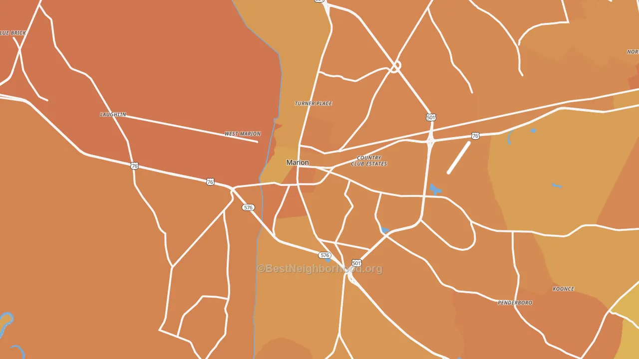 Map of the best neighborhoods in the Marion area, with better matches in green and worse matches in red