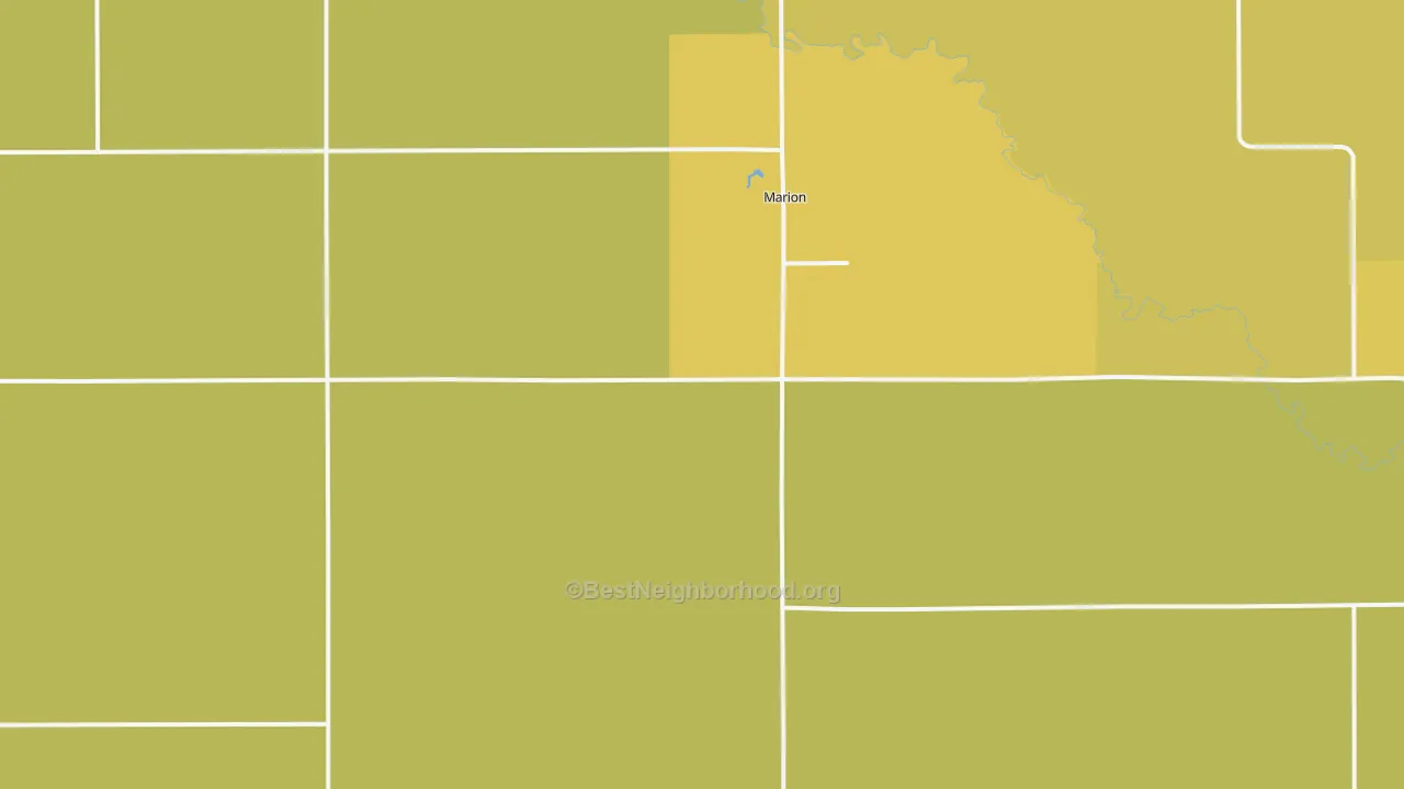 Map of the best neighborhoods in the Marion area, with better matches in green and worse matches in red