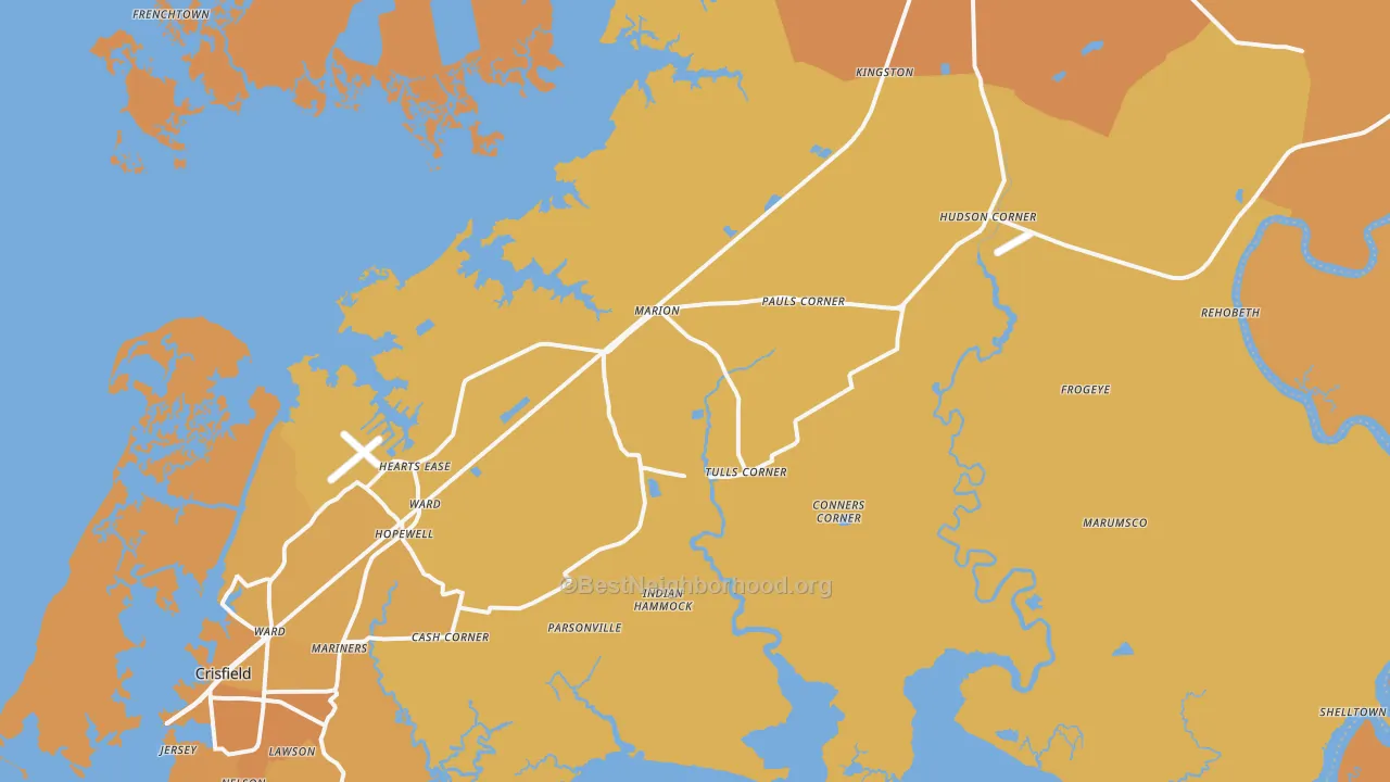 Map of the best neighborhoods in the Marion Station area, with better matches in green and worse matches in red