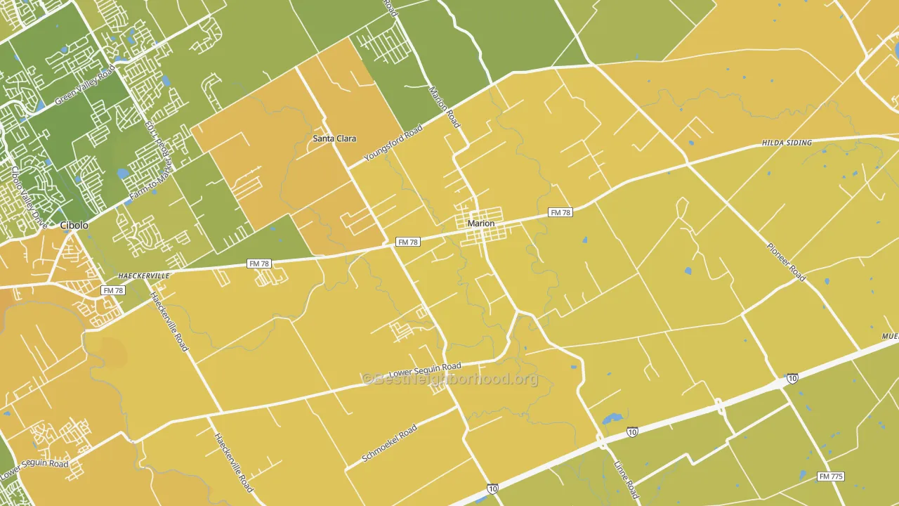 Map of the best neighborhoods in the Marion area, with better matches in green and worse matches in red