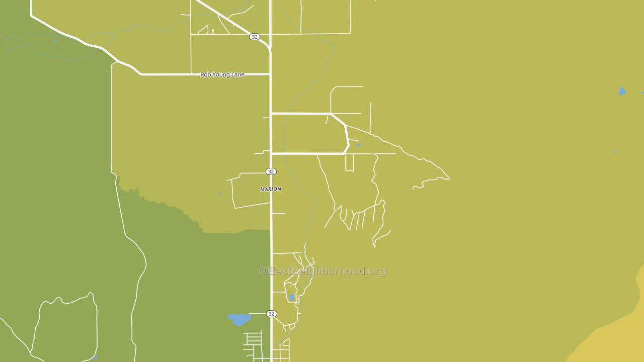 Map of the best neighborhoods in the Marion area, with better matches in green and worse matches in red