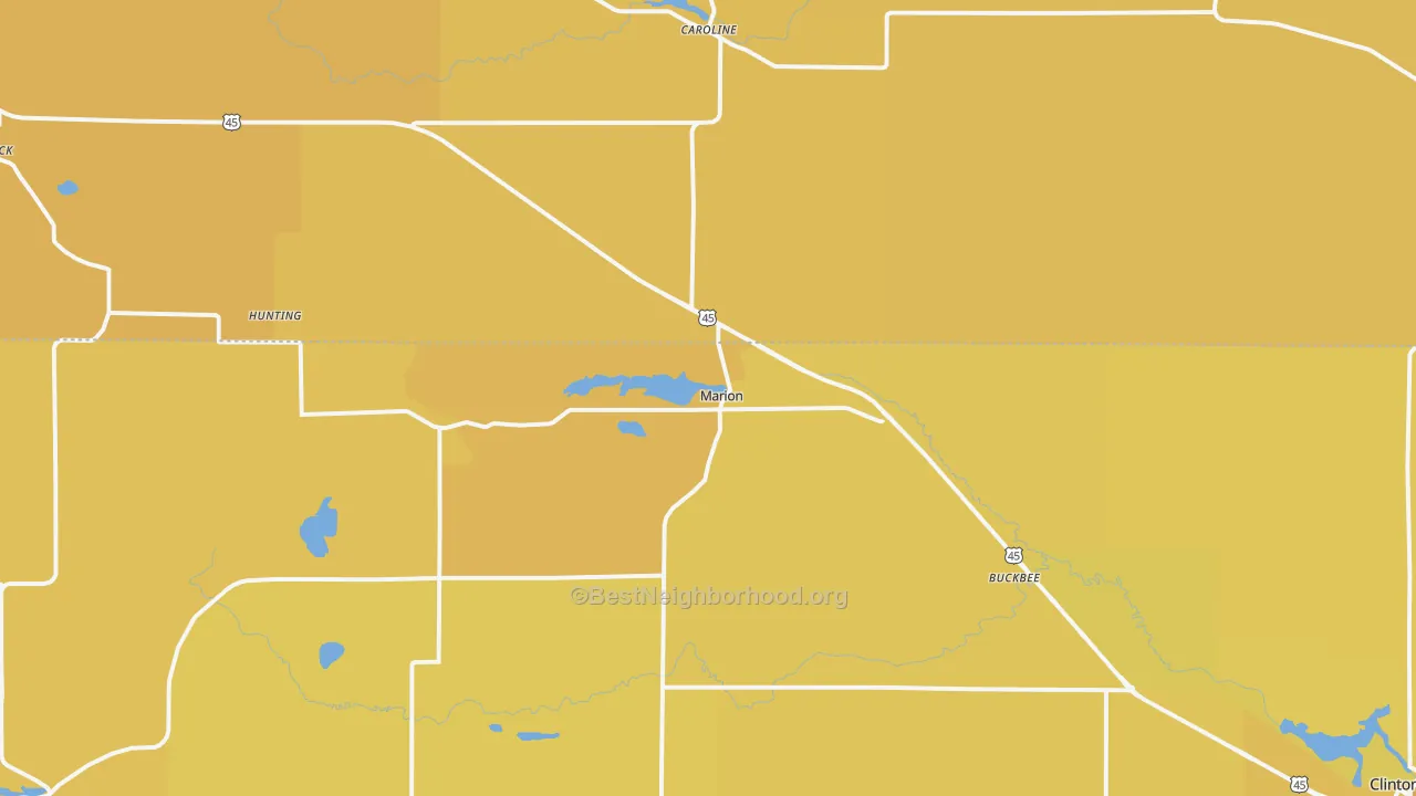 Map of the best neighborhoods in the Marion area, with better matches in green and worse matches in red