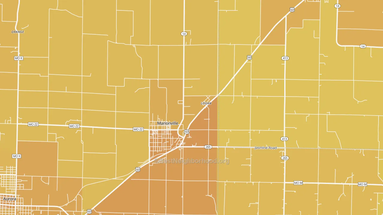 Map of the best neighborhoods in the Marionville area, with better matches in green and worse matches in red
