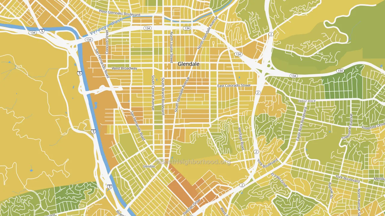 Map of the best neighborhoods in the Mariposa, Glendale area, with better matches in green and worse matches in red