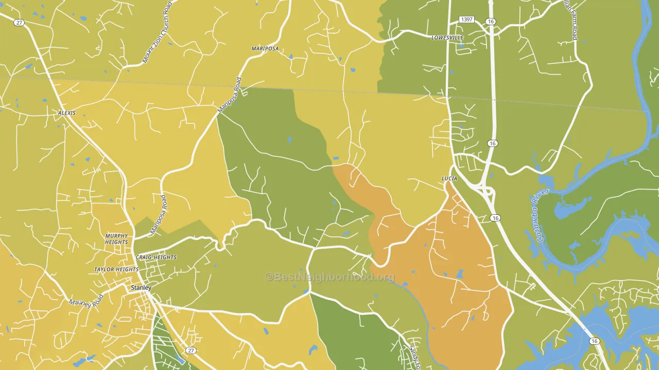 Map of the best neighborhoods in the Mariposa area, with better matches in green and worse matches in red