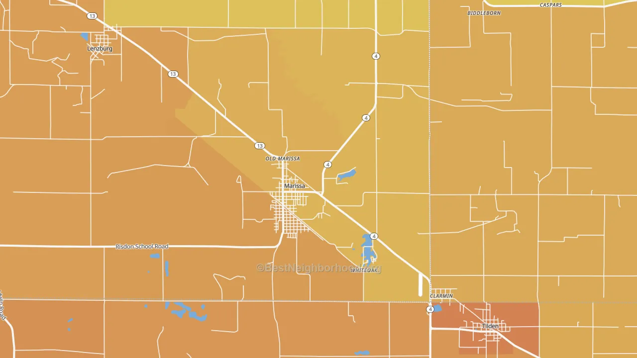 Map of the best neighborhoods in the Marissa area, with better matches in green and worse matches in red