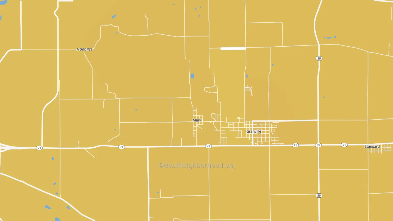 Map of the best neighborhoods in the Mark area, with better matches in green and worse matches in red